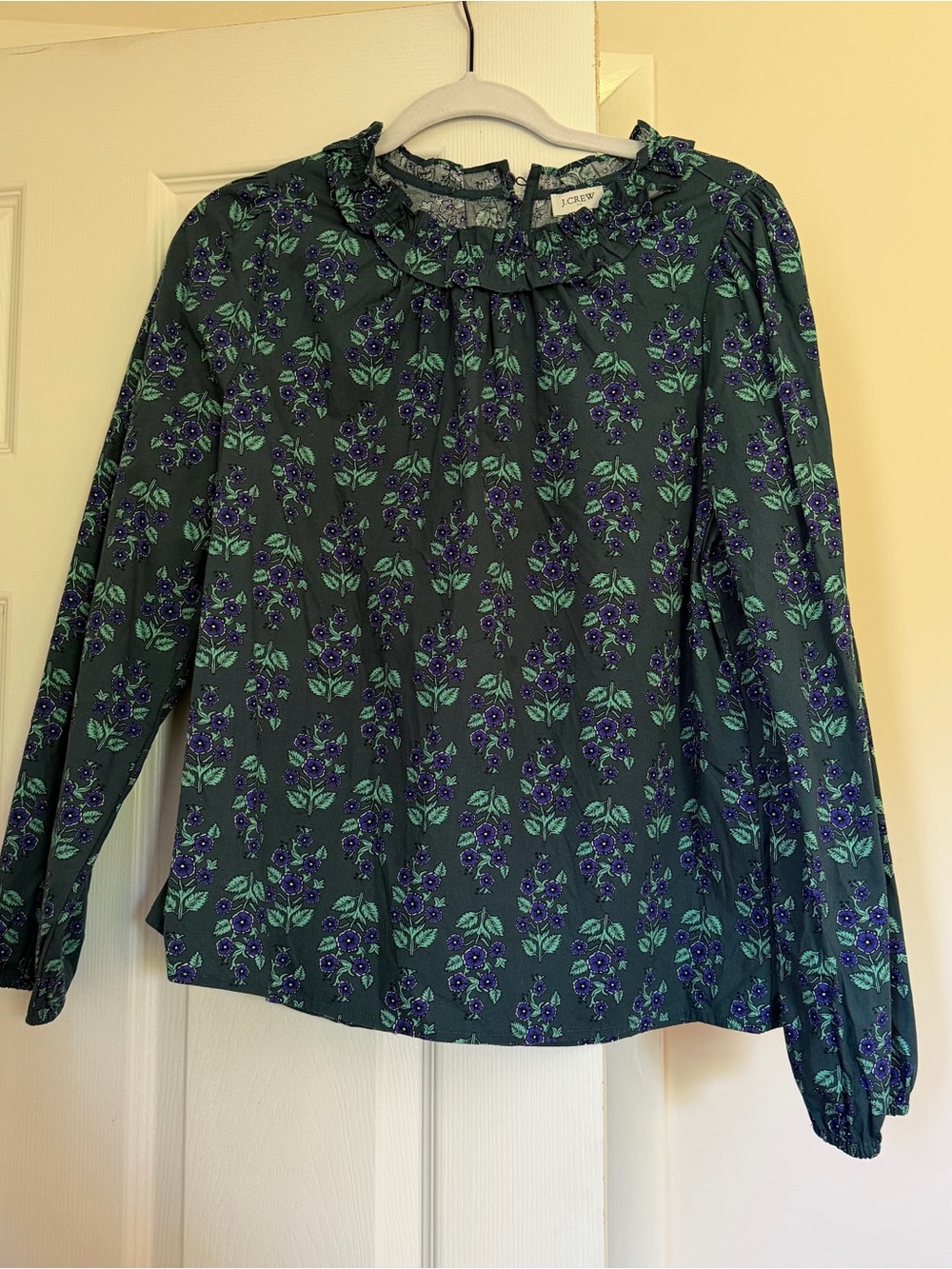 J. Crew Green Floral Ruffle-Neck Blouse with Purple Accents